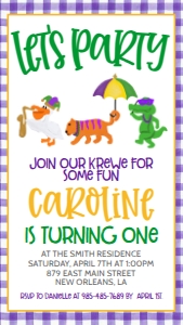 Birthday Mardi Gras Parade Purple Gingham Smartphone Invite: Birthday Mardi Gras Parade Purple Gingham