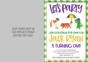 Birthday Mardi Gras Parade Green Gingham Photo Invite: Birthday Mardi Gras Parade Green Gingham