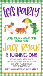 Birthday Mardi Gras Parade Green Gingham Smartphone Invite: Birthday Mardi Gras Parade Green Gingham