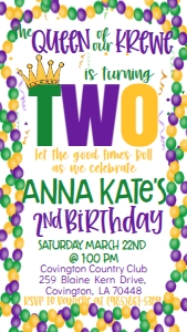 Mardi Gras Birthday Queen of krewe Birthday Text Invite: Mardi Gras Birthday Queen of krewe Birthday