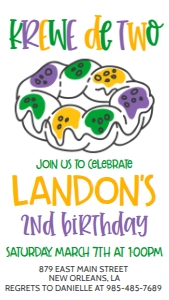 Mardi Gras Birthday King Cake Mod Krewe 2 Text Invite: Mardi Gras Birthday King Cake Mod Krewe 2