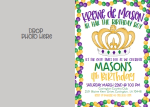 Mardi Gras Birthday King Crown Birthday Border Photo Invite: Mardi Gras Birthday King Crown Birthday Border