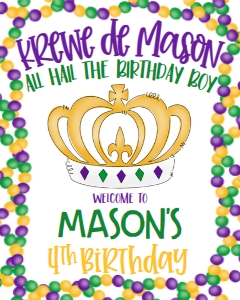 Mardi Gras Birthday King Crown Birthday Border Welcome Sign: Mardi Gras Birthday King Crown Birthday Border