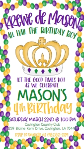 Mardi Gras Birthday King Crown Birthday Border Text Invite: Mardi Gras Birthday King Crown Birthday Border