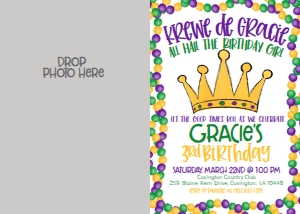 Mardi Gras Birthday Queen Crown Birthday Border Photo Invite: Mardi Gras Birthday Queen Crown Birthday Border