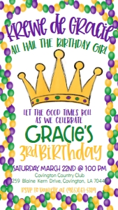 Mardi Gras Birthday Queen Crown Birthday Border Text Invite: Mardi Gras Birthday Queen Crown Birthday Border
