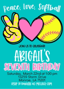 Birthday Softball Teal Peace Love design preview