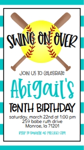 Birthday Softball Bat X Teal Text Invite: Birthday Softball Bat X Teal