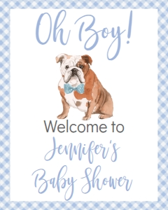 Baby Shower Dog Blue Watercolor Bulldog Gingham Welcome Sign: Baby Shower Dog Blue Watercolor Bulldog Gingham