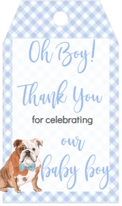 Baby Shower Dog Blue Watercolor Bulldog Gingham Favor Tag: Baby Shower Dog Blue Watercolor Bulldog Gingham