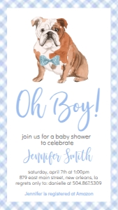 Baby Shower Dog Blue Watercolor Bulldog Gingham Text Invite: Baby Shower Dog Blue Watercolor Bulldog Gingham