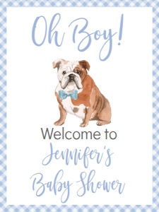 Baby Shower Dog Blue Watercolor Bulldog Gingham Welcome Sign 18x24: Baby Shower Dog Blue Watercolor Bulldog Gingham