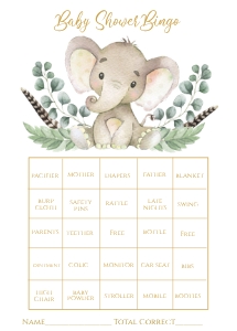 Gold Elephant Baby Shower Bingo Game: Gold Elephant Baby Shower Bingo Game