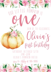Little Pumpkin Pink Watercolor Birthday Text Invite: Little Pumpkin Birthday Pink Set