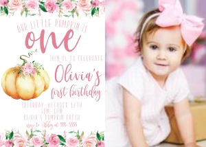 Little Pumpkin Pink Watercolor Birthday Photo Invite: Little Pumpkin Birthday Pink Set