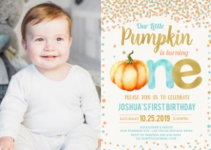Pumpkin blue and gold invitation with photo design preview