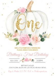 Pumpkin Birthday Invitation - Pink and gold: Pumpkin Birthday invitation - Pink and gold