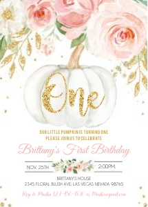 Pumpkin birthday invitation - pink and gold 3 design preview