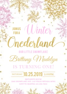Winter onederland pink and gold invitation design preview