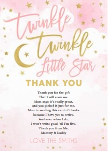Drive by twinkle twinkle little star thank you card pink design preview