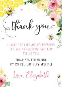 Bee birthday thank you card design preview