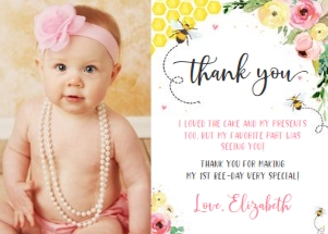 Bee birthday thank you card with photo design preview