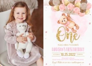 TB004  - Teddy bear birthday invitation photo: TB004  - Teddy bear birthday invitation photo