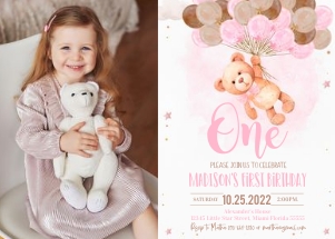 TB005  - Teddy bear birthday invitation photo design preview