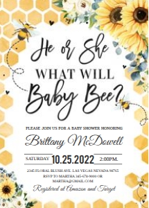 BEE015 -  Bee Baby shower invitation: BEE015 -  Bee Baby shower invitation