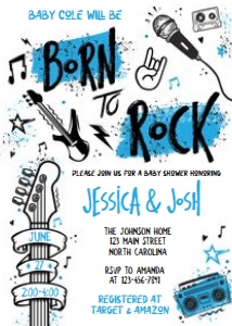 Blue Born To Rock Baby Shower Invitation: Blue Born To Rock Baby Shower Invitation