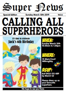 Superhero Boy Newspaper Style Invitation 5"x7" design preview