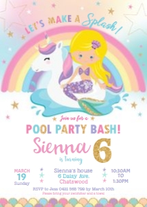 Mermaid & Unicorn Pool Party Invitation Blonde Hair 5"x7": Mermaid & Unicorn Pool Party Invitation Blonde Hair 5"x7"