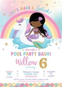 Mermaid & Unicorn Pool Party Invitation Dark Skin 5"x7": Mermaid & Unicorn Pool Party Dark Skin 5"x7"