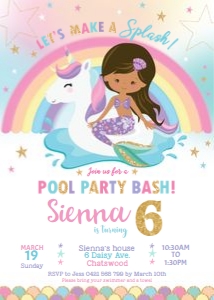 Mermaid & Unicorn Pool Party Invitation Tan Skin 5"x7": Mermaid & Unicorn Pool Party Invitation Tan Skin 5"x7"