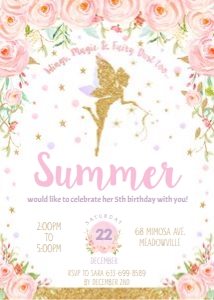 Pink Floral Fairy Birthday Invitation 5"x7" design preview