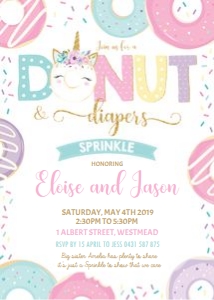 Unicorn Donut & Diapers Sprinkle Invitation 5"x7": Unicorn Donut & Diapers Sprinkle Invitation 5"x7"