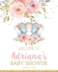 Blush Floral Elephant Twins Baby Shower Welcome Sign 8"x10": Blush Floral Elephant Twins Baby Shower Welcome Sign 8"x10"