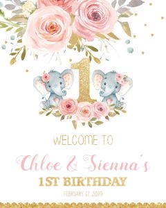Blush Floral Elephant Twins 1st Birthday Welcome Sign 8"x10" design preview