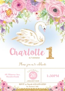 Pink Floral Swan Birthday Party Invitation 5"x7": Pink Floral Swan Birthday Party Invitation 5"x7"