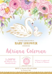 Pink Floral Swan Baby Shower Invitation 5"x7" design preview