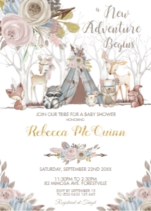 Tribal Woodland Animals Baby Girl Shower Invitation 5"x7" WA1: Tribal Woodland Animals Baby Girl Shower Invitation 5"x7"