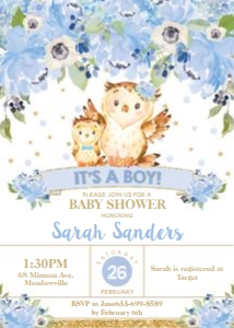 Owl Blue Floral Baby Shower Invitation 5"x7" design preview
