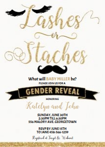 Lashes or Staches Black and Gold Gender Reveal Invitation 5"x7" design preview