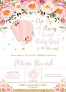 Blush Pink Floral Hot Air Balloon Baby Shower Invitation 5"x7" design preview