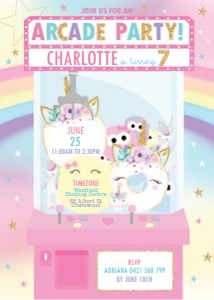 Arcade Unicorn Party Pink Invitation 5"x7" design preview