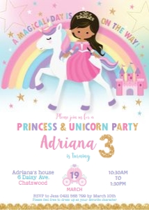 Princess & Unicorn Birthday Party Invitation Brown Skin 5"x7": Princess & Unicorn Birthday Party Invitation Brown Skin 5"x7"