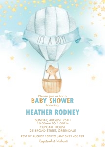 Hot Air Balloon Little Bear Baby Boy Shower Invitation 5"x7": Hot Air Balloon Little Bear Baby Boy Shower Invitation 5"x7"