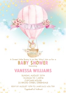 Hot Air Balloon Little Bunny Baby Girl Shower Invitation 5"x7": Hot Air Balloon Little Bunny Baby Girl Shower Invitation 5"x7"