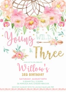 Boho Floral Young Wild & Three Birthday Invitation 5"x7" design preview