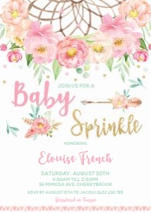 Boho Pink Floral Baby Sprinkle Invitation 5"x7": Boho Pink Floral Baby Sprinkle Invitation 5"x7"